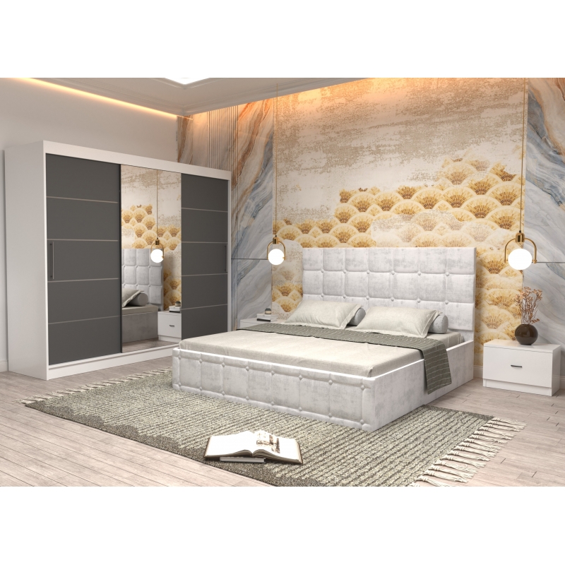 Dormitor Regal cu Pat Tapitat Alb...